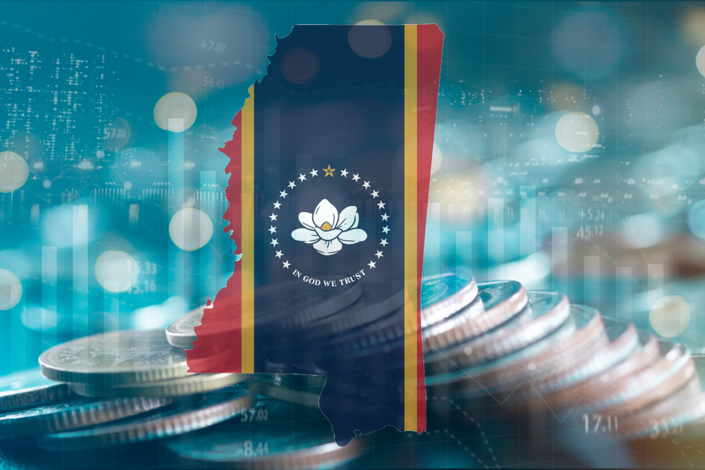 illustration is the state of Mississippi's flag inside of state of Mississippi shape in the foreground; the background is layers of coins, bokeh, indices over night skyline