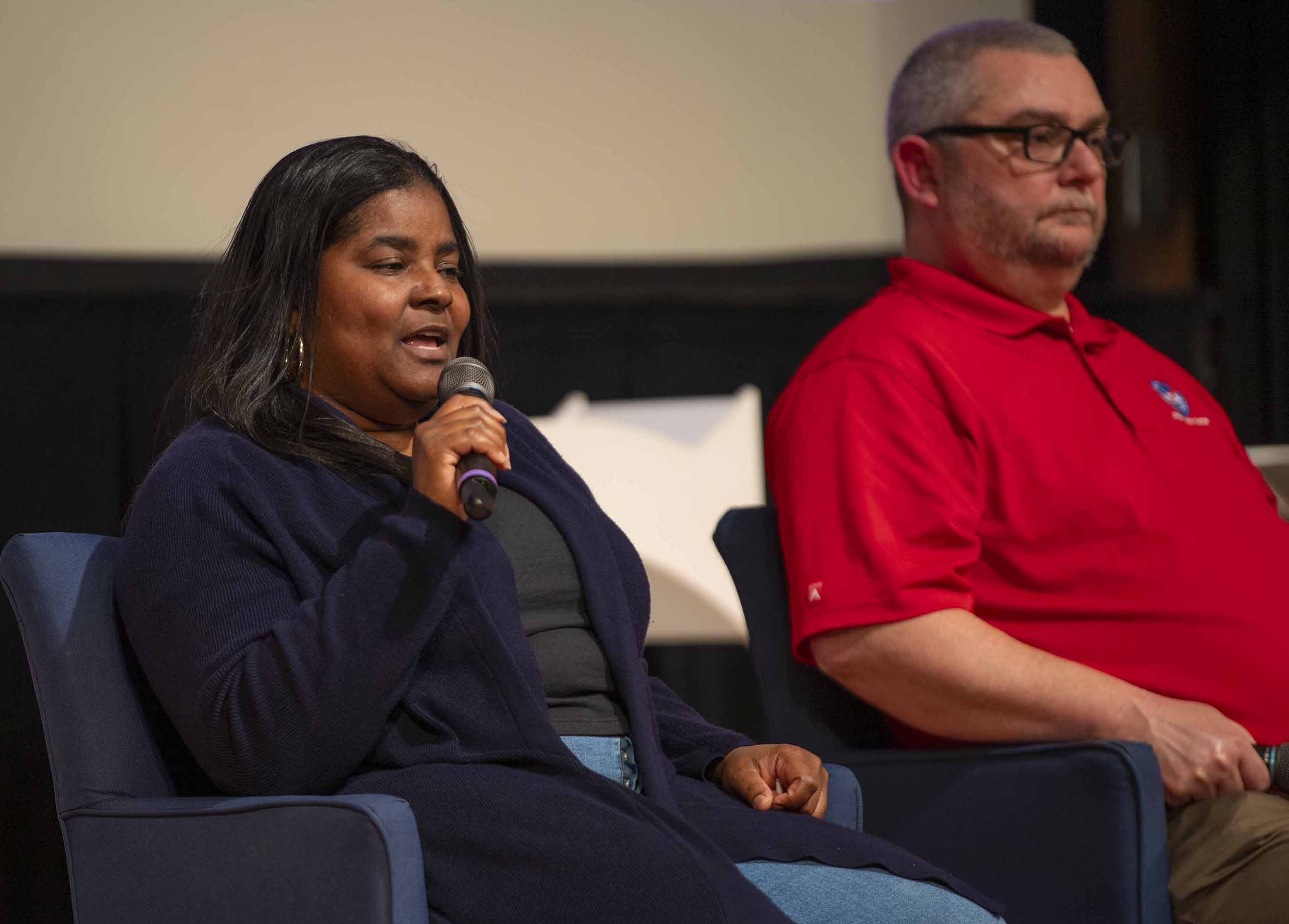 NASA Stennis Chief Information Security Officer Bonita Oliver, seated on the left, speaks about her role in cybersecurity