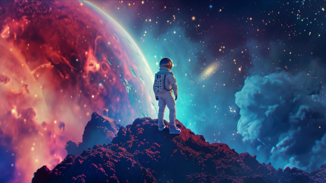 Artistic rendering of an astronaut standing on a rocky surface looking out into a bright, colorful universe.