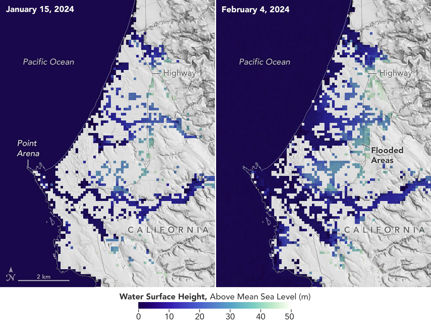 This image shows SWOT satellite data for water surface height in part of Mendocino County, Northern California, on Jan. 15, before several atmospheric rivers arrived, and on Feb. 4, after the first storms. Light blue and green indicate the highest water levels relative to mean sea level. (Inland water heights include the underlying ground elevation.)