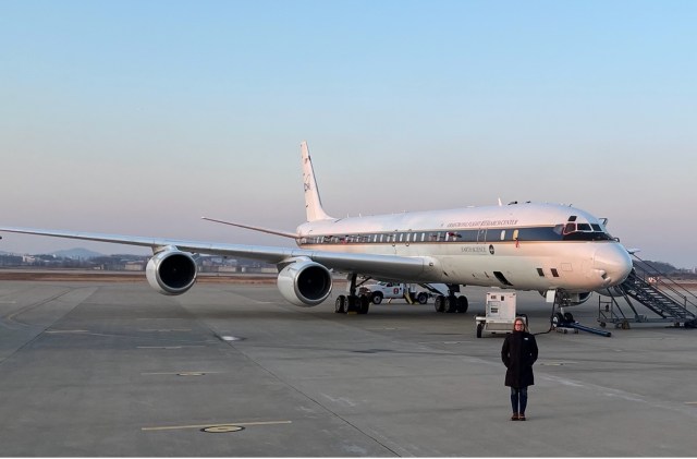 Langley’s Francesco Gallo in front of NASA Armstrong’s DC-8 aircraft in South Korea during ASIA-AQ.