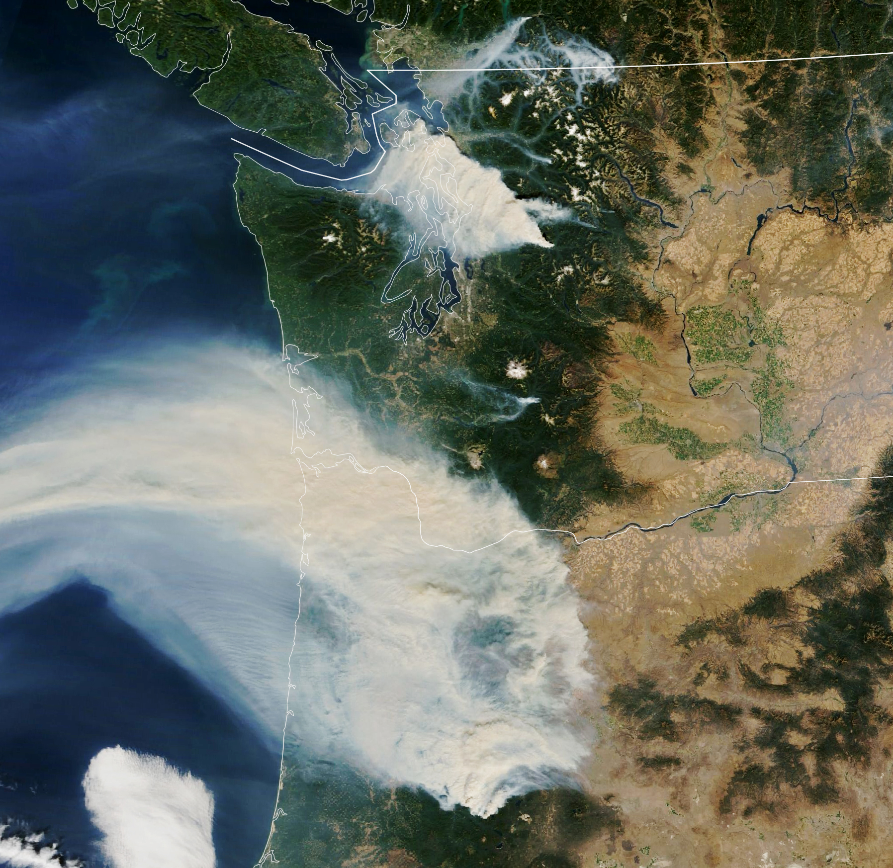 Satellite view of the Northwest United States, showing plumes of smoke from