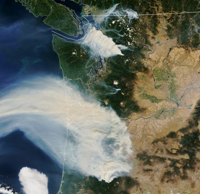 Satellite view of the Northwest United States, showing plumes of smoke from wildfires.