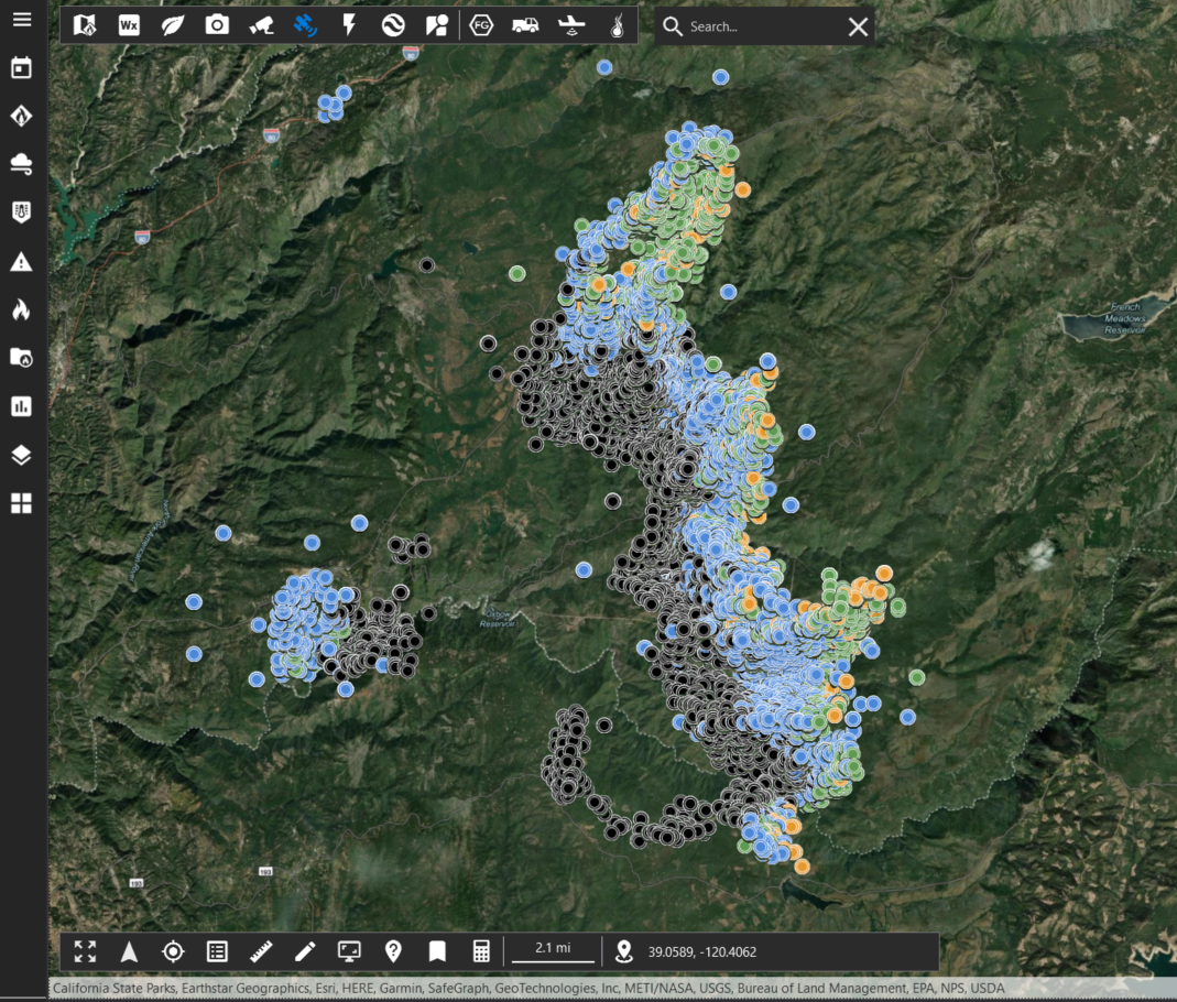 Screenshots from Technosylvas Wildfire Analyst identify areas previously burned by wildfire