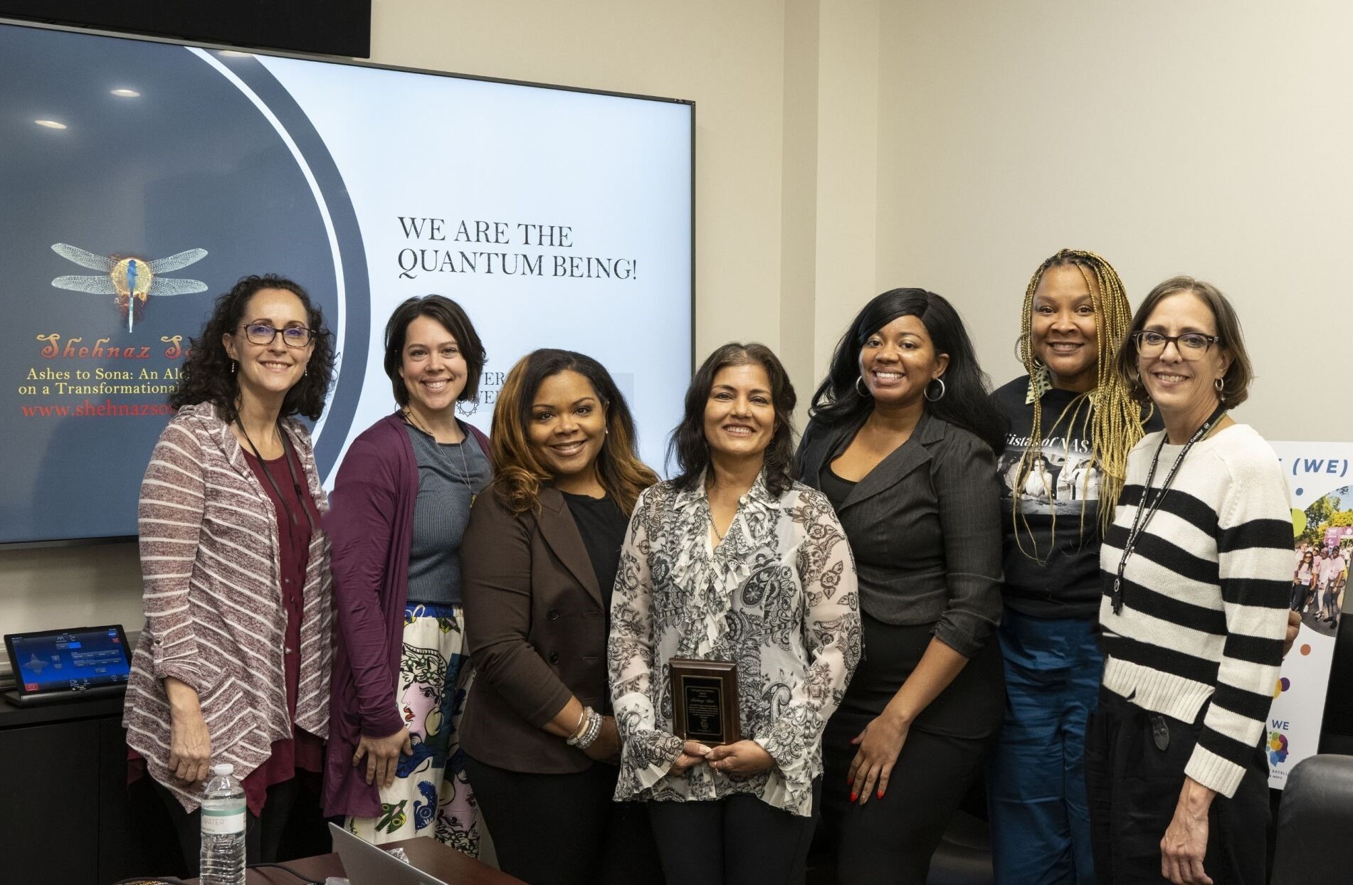 Shehnaz Soni, center, a NASA senior systems engineer, author, and speaker, smiles with Women of Excellence members following her March 18 presentation to the employee resource group at NASA’s Marshall Space Flight Center. The event was a part of Women’s History Month in March. From left are Kristina Honeycutt, Leah Varner, Denise Smithers, Soni, LaBreesha Batey, Aquita Wherry, and Anastasia Byler.