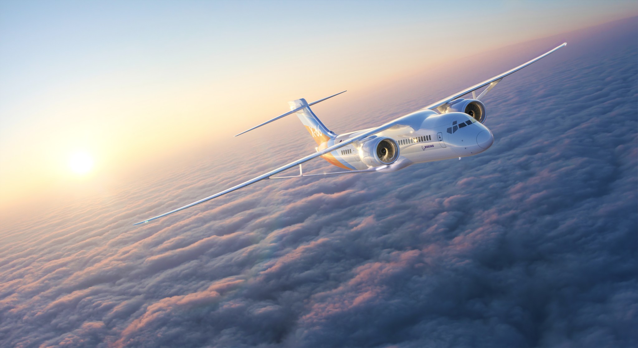 Artist illustrion of the X-66 in flight above the clouds with the sun in the background.