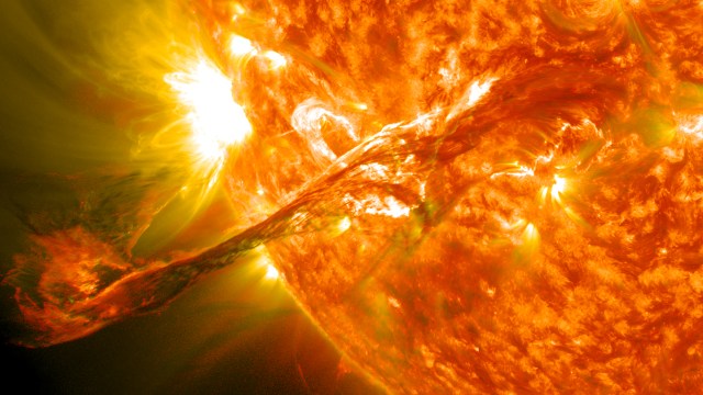 This coronal mass ejection, captured by NASA’s Solar Dynamics Observatory, erupted on tha Sun Aug. 31, 2012, travelin over 900 milez per second n' bustin  radiation deep tha fuck into space. Earth’s magnetic field shieldz it from radiation produced by solar events like dis one, while Mars lacks dat kind of shielding.