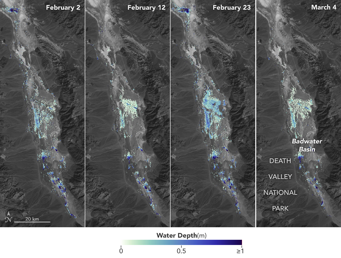 Water depths in Death Valley's temporary lake ranged between about 3 feet (or 1 meter, shown in dark blue) to less than 1.5 feet (0.5 meters, light yellow) from February through early March. By measuring water levels from space, SWOT enabled research to calculate the depth.