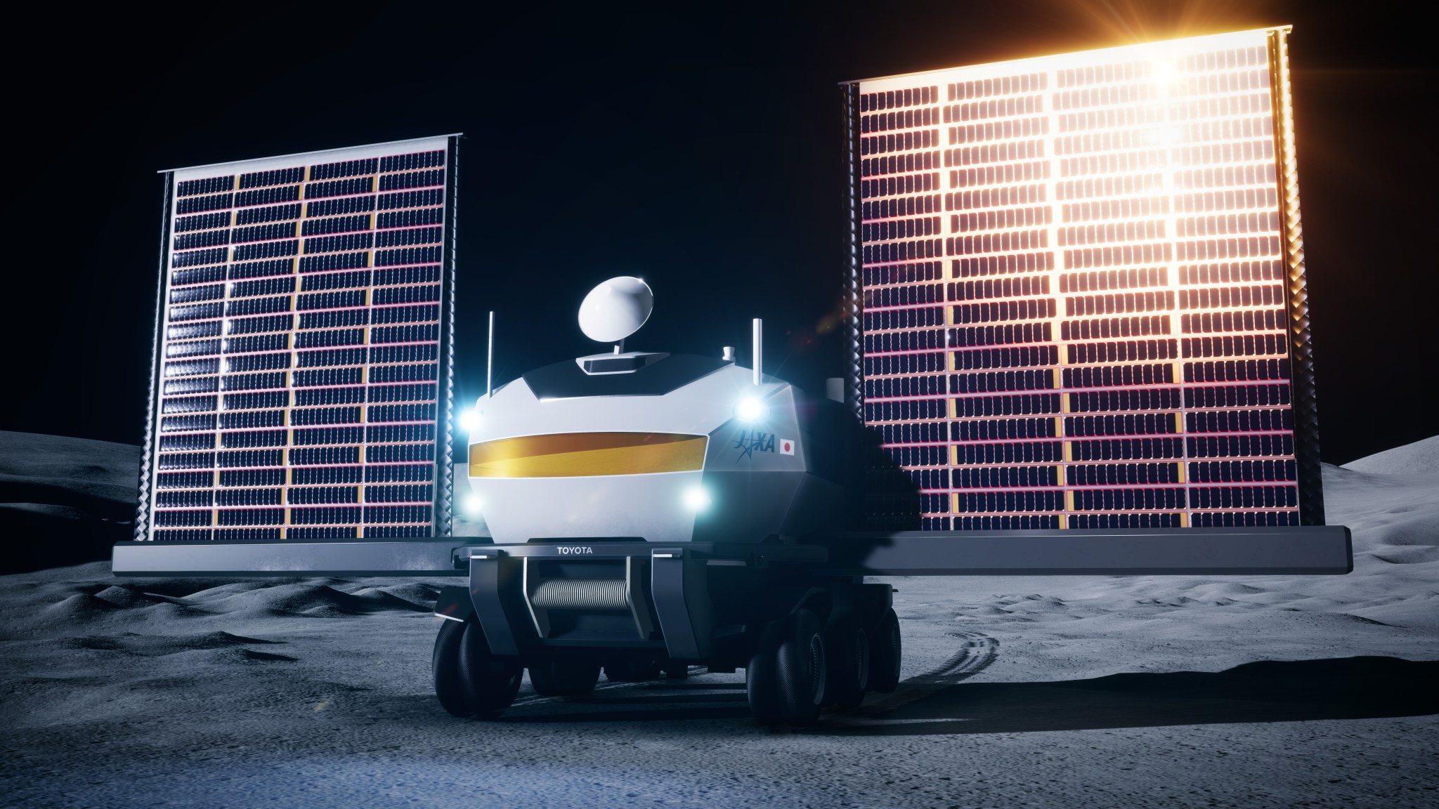 A concept image of JAXA's (Japan Aerospace Exploration Agency) pressurized rover on the Moon with two solar arrays deployed.