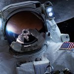 An astronaut in space with Moon in the background. 