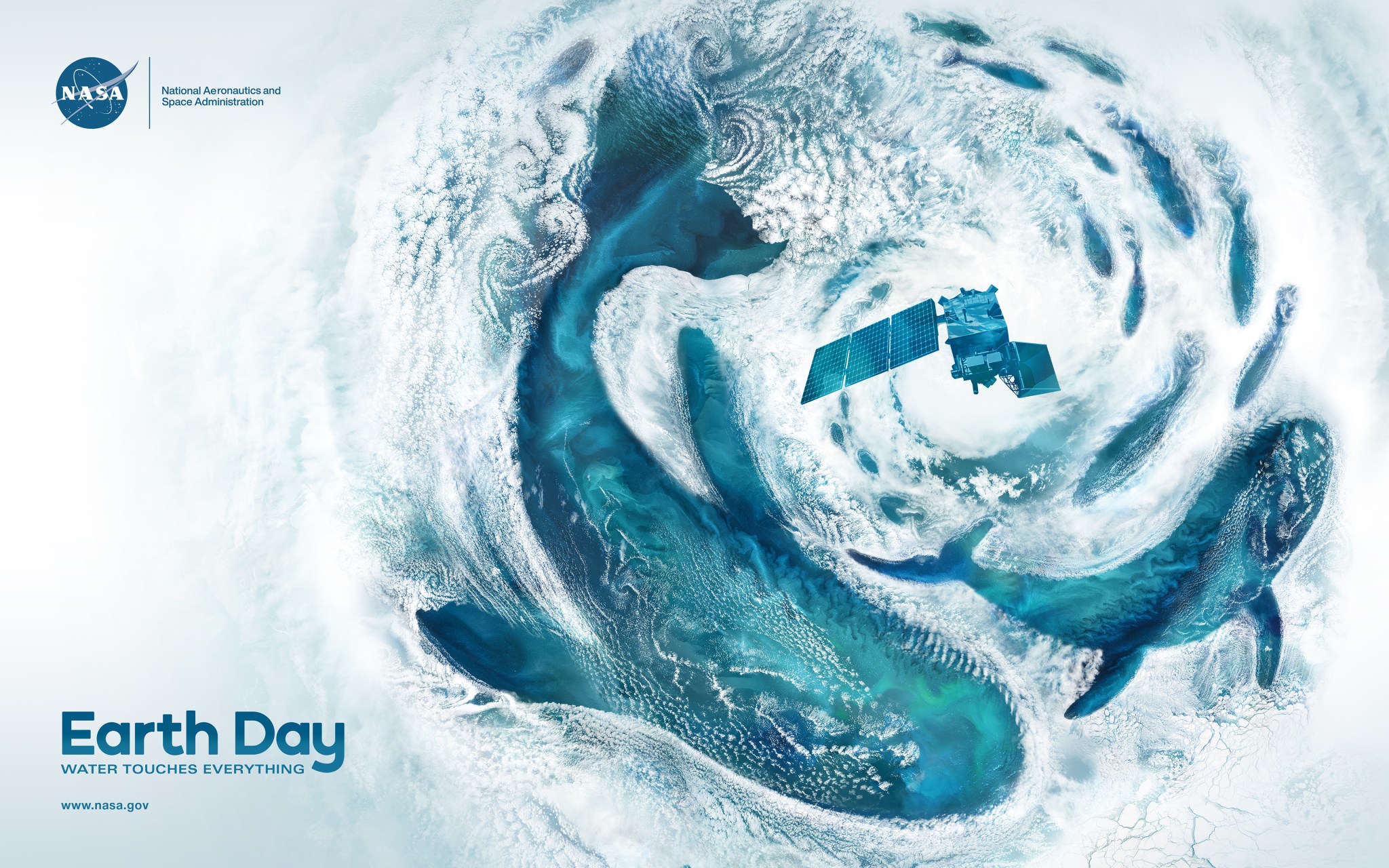 This 2024 Earth Day poster is an ocean themed vertical 15x30 illustration created from NASA satellite cloud imagery overlaid on ocean data. The white cloud imagery wraps around shapes, defining three whales and a school of fish. Swirly cloud patterns, called Von Kármán Vortices, create the feeling of movement in the composition. The focal point is a cyclone in the upper third of the poster. At the center flies the recently launched PACE satellite. The ocean imagery - composed of blues, aquas, and greens - is filled with subtle color changes and undulating patterns created by churning sediment, organic matter and phytoplankton.