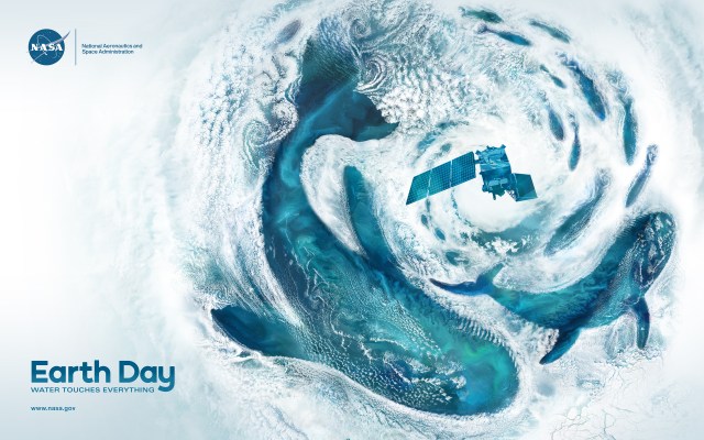 This 2024 Earth Day poster is an ocean themed vertical 15x30 illustration created from NASA satellite cloud imagery overlaid on ocean data. The white cloud imagery wraps around shapes, defining three whales and a school of fish. Swirly cloud patterns, called Von Kármán Vortices, create the feeling of movement in the composition. The focal point is a cyclone in the upper third of the poster. At the center flies the recently launched PACE satellite. The ocean imagery – composed of blues, aquas, and greens – is filled with subtle color changes and undulating patterns created by churning sediment, organic matter and phytoplankton.