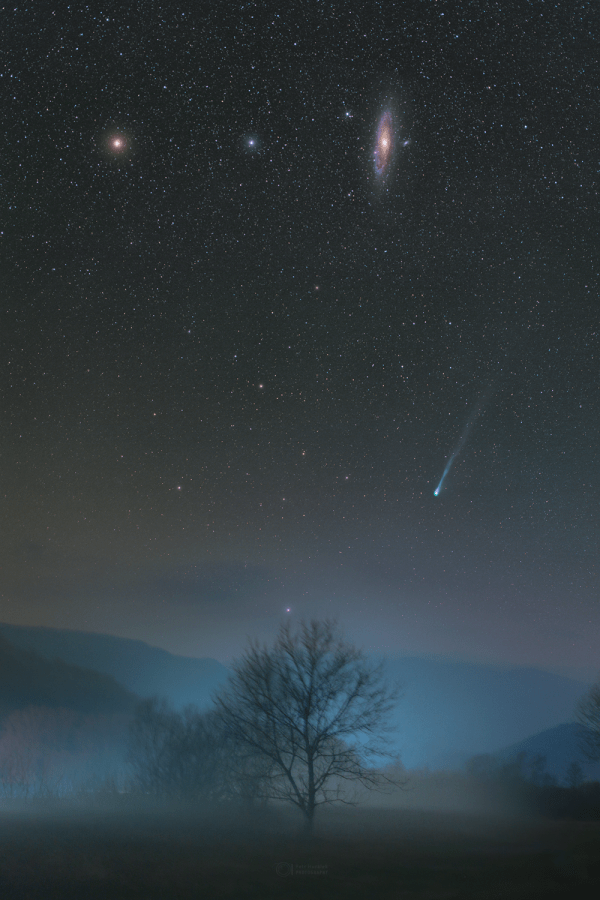 As spring approaches for northern skygazers, Comet 12P/Pons-Brooks is growing brighter. Currently visible with small telescopes and binoculars, the Halley-type comet could reach naked eye visibility in the coming weeks. Seen despite a foggy atmosphere, the comet's green coma and long tail hover near the horizon in this well-composed deep night skyscape from Revuca, Slovakia recorded on March 5. M31, also known as the Andromeda galaxy, and bright yellowish star Mirach, second brightest star in the constellation Andromeda, hang in the sky above the comet. The Andromeda galaxy is some 2.5 million light-years beyond the Milky Way.