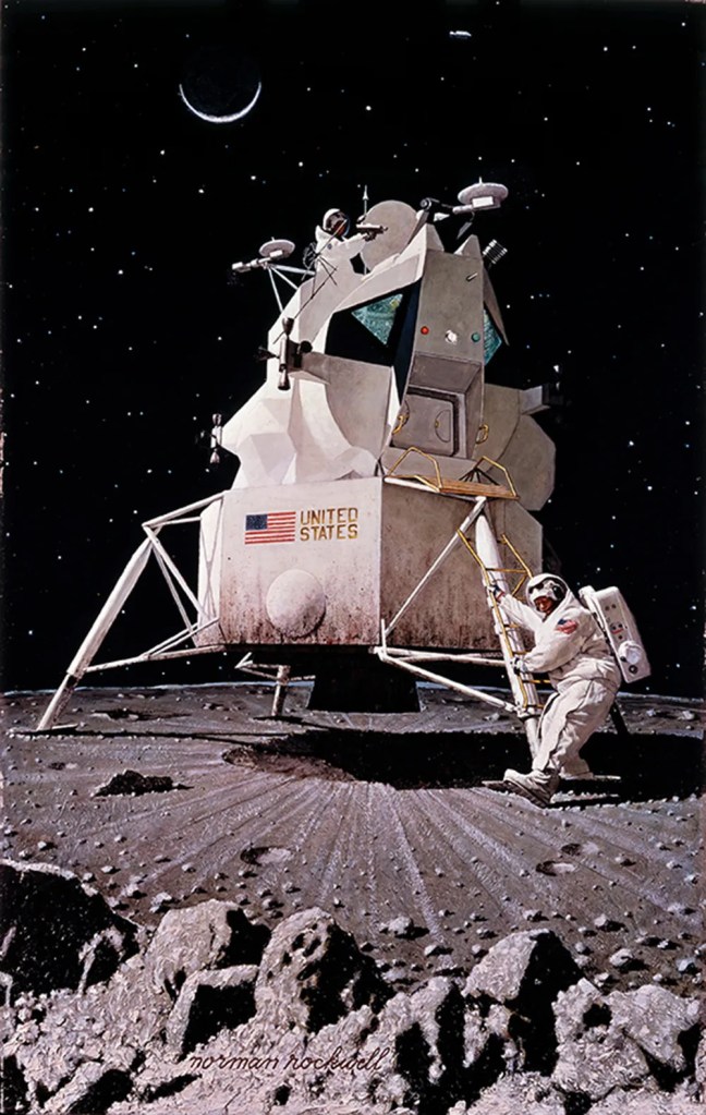 Before Neil Armstrong walked on the lunar surface, Norman Rockwell painted a compelling depiction of what the first step on the Moon might look like.