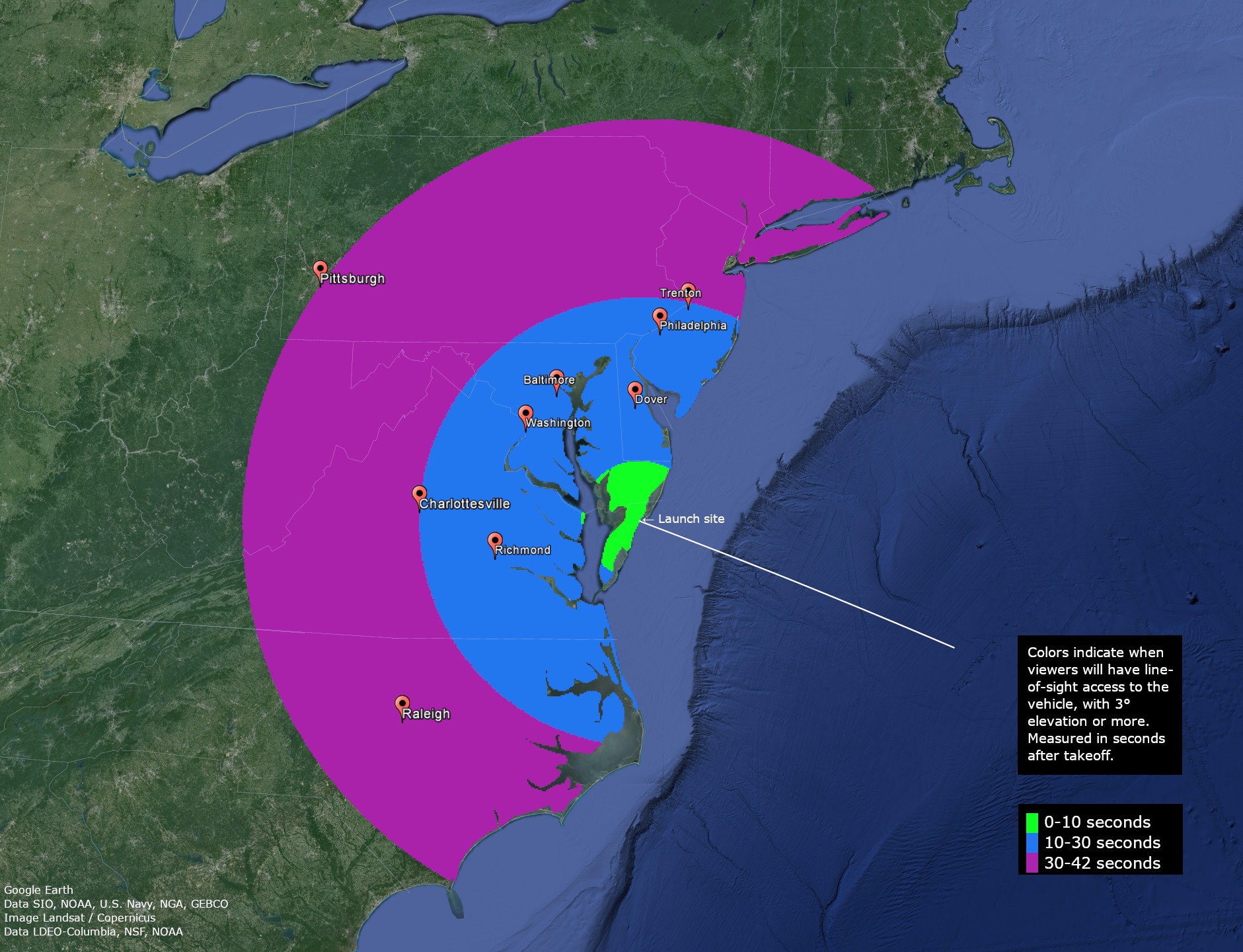 A visibility map showing the mid-Atlantic region. The map shows how many seconds after that people in the area may be able to see the Black Brant IX sounding rocket in the sky.  The land is green and the ocean is dark blue. Visibility of 30-42 seconds is represented by a bright pink semi-circile reaching up to eastern Massachusetts, through most of Pennsylvania, through eastern West Virginia, Virginia and North Carolina. Visibility area for viewers with a line-of-sight 10-30 seconds after launch is a blue semi-circle reaching from middle of New Jersey down to north North Carolina and inland to Virginia. Visibility from 0-10 seconds is indicated by a bright green semi-circle mostly covering to the edge of the southern border of Delaware and down into the Eastern Shore of Virginia. City labels starting north at Trenton, Philadelphia, Dover, Baltimore, Washington, Pittsburgh, Charlottesville, Richmond, and Raleigh. On the right is a black box with white words: 