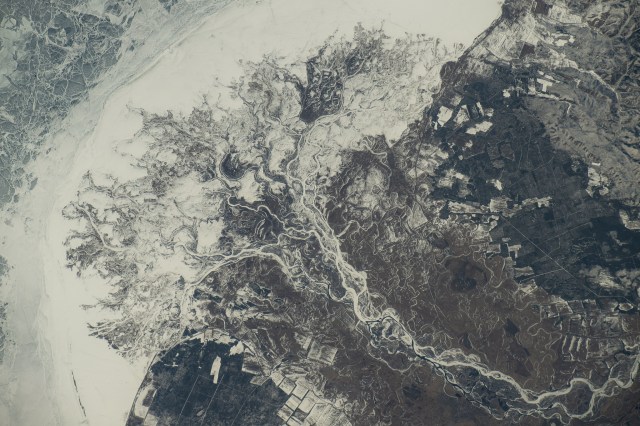 The Kabansky State Nature Reserve on Russia's frozen Lake Baikal is pictured from the International Space Station as it orbited 262 miles above.
