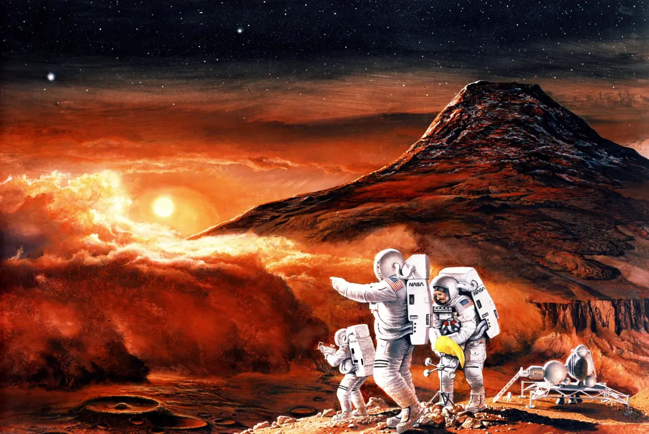 Painting by Ren Wicks depicting astronaut explorers on Mars