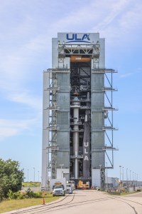 Boeing’s Starliner spacecraft, set to carry NASA astronauts Butch Wilmore and Suni Williams on the agency’s Boeing Crew Flight Test to the International Space Station, is lifted and stacked on a United Launch Alliance Atlas V rocket