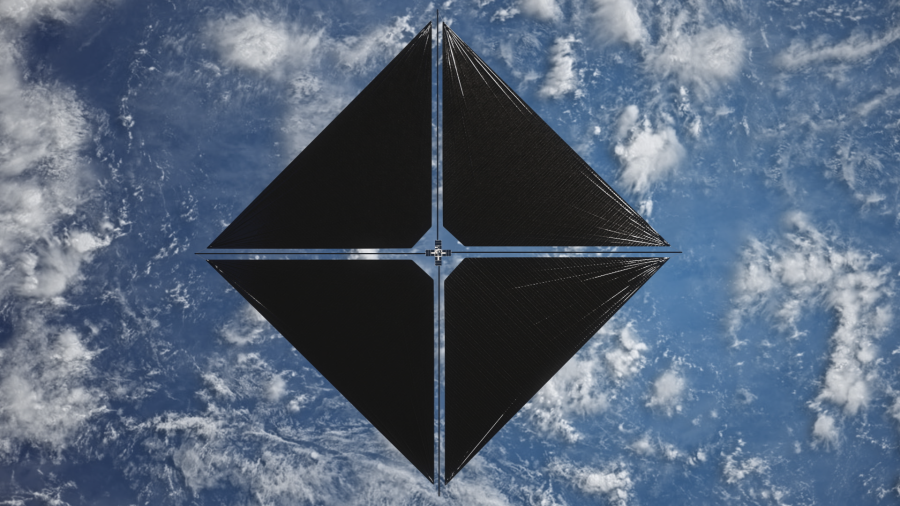 An artist’s concept of NASA’s Advanced Composite Solar Sail System spacecraft in orbit as seen from directly above the spacecraft looking down at Earth below.