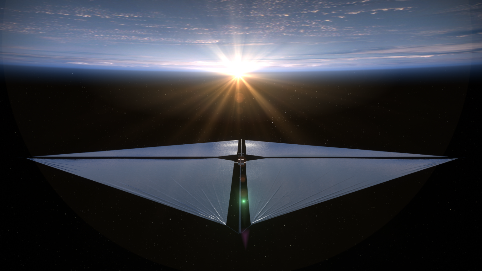 The Advanced Composite Solar Sail System spacecraft sailing over Earth as the sun 