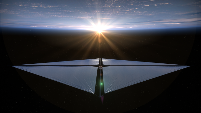 The Advanced Composite Solar Sail System spacecraft sailing over Earth as the sun "rises" in the distance.