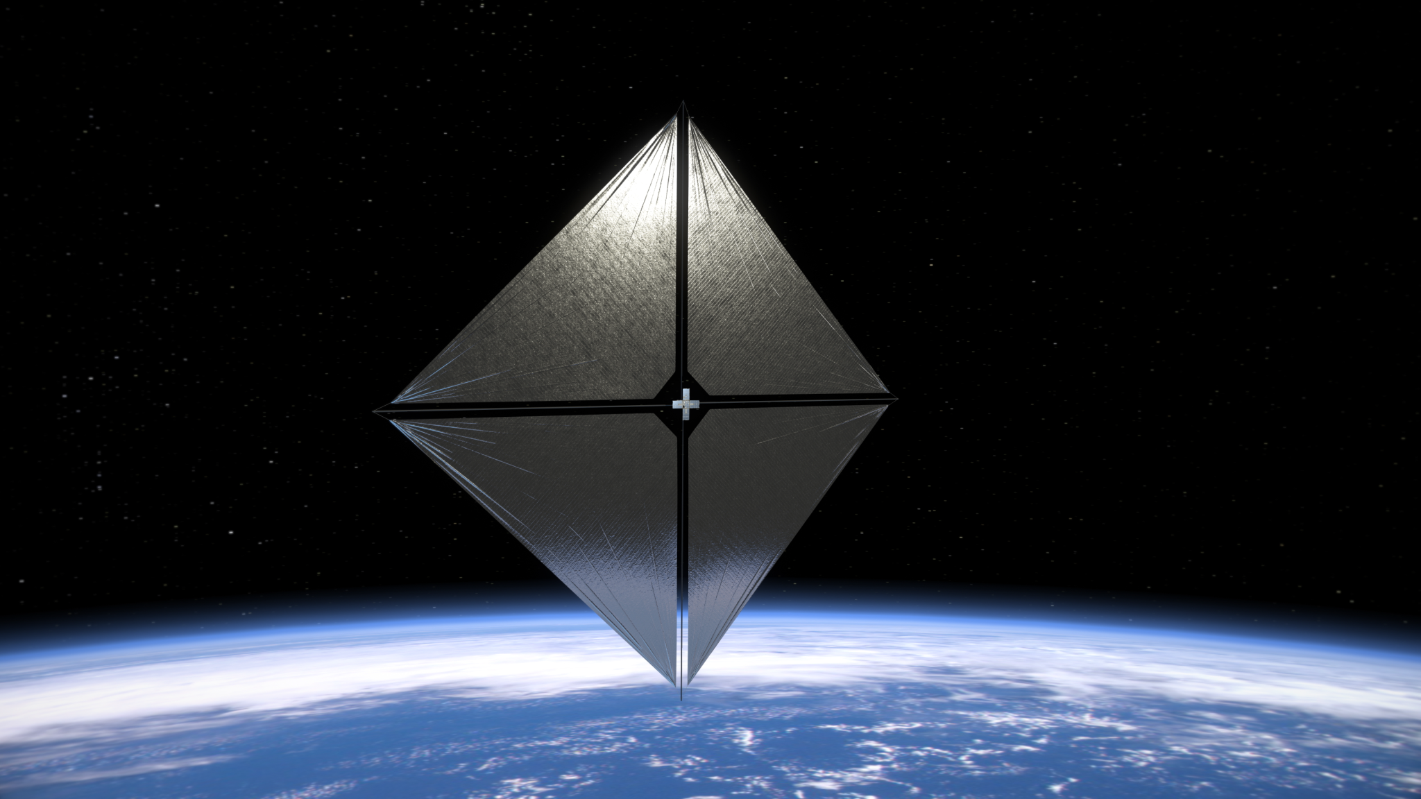 An artist's concept of NASA's Advanced Composite Solar Sail System spacecraft in orbit with the Sun behind and the curve of the Earth visible at the bottom.