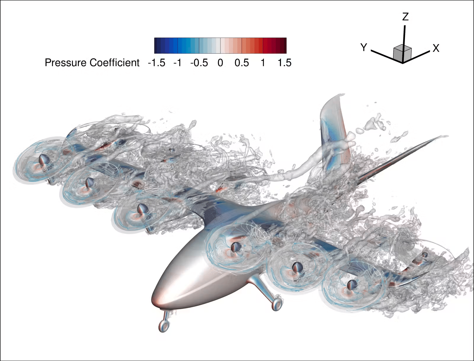 A silver aircraft model with six propellors hovers in this image with blue and red streaks as well as silver are moving off of the aircraft showing the propellors in motion as air is flown off of the aircraft propellors.