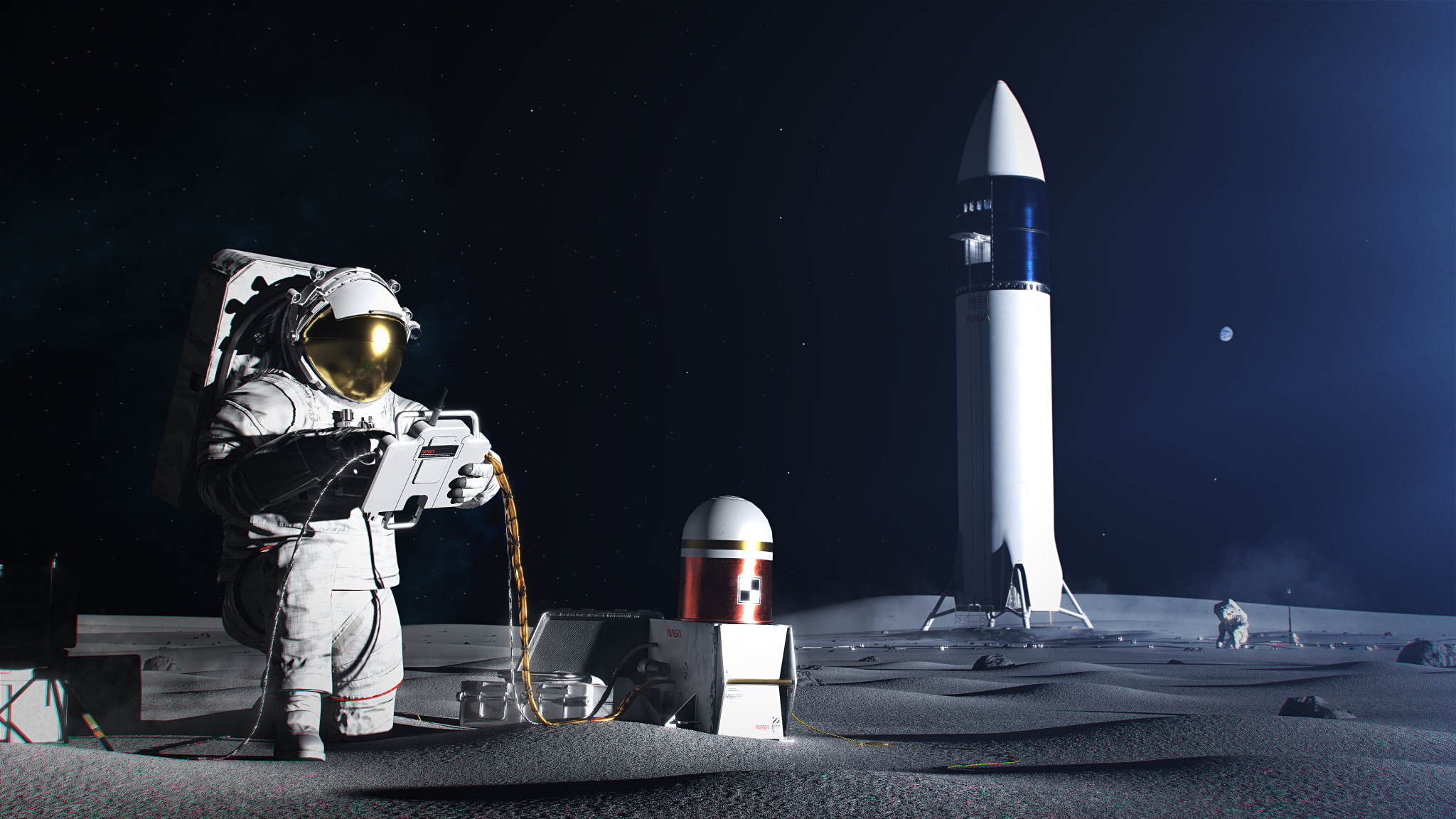 Astronaut on lunar surface with equipment. Earth in distant sky.