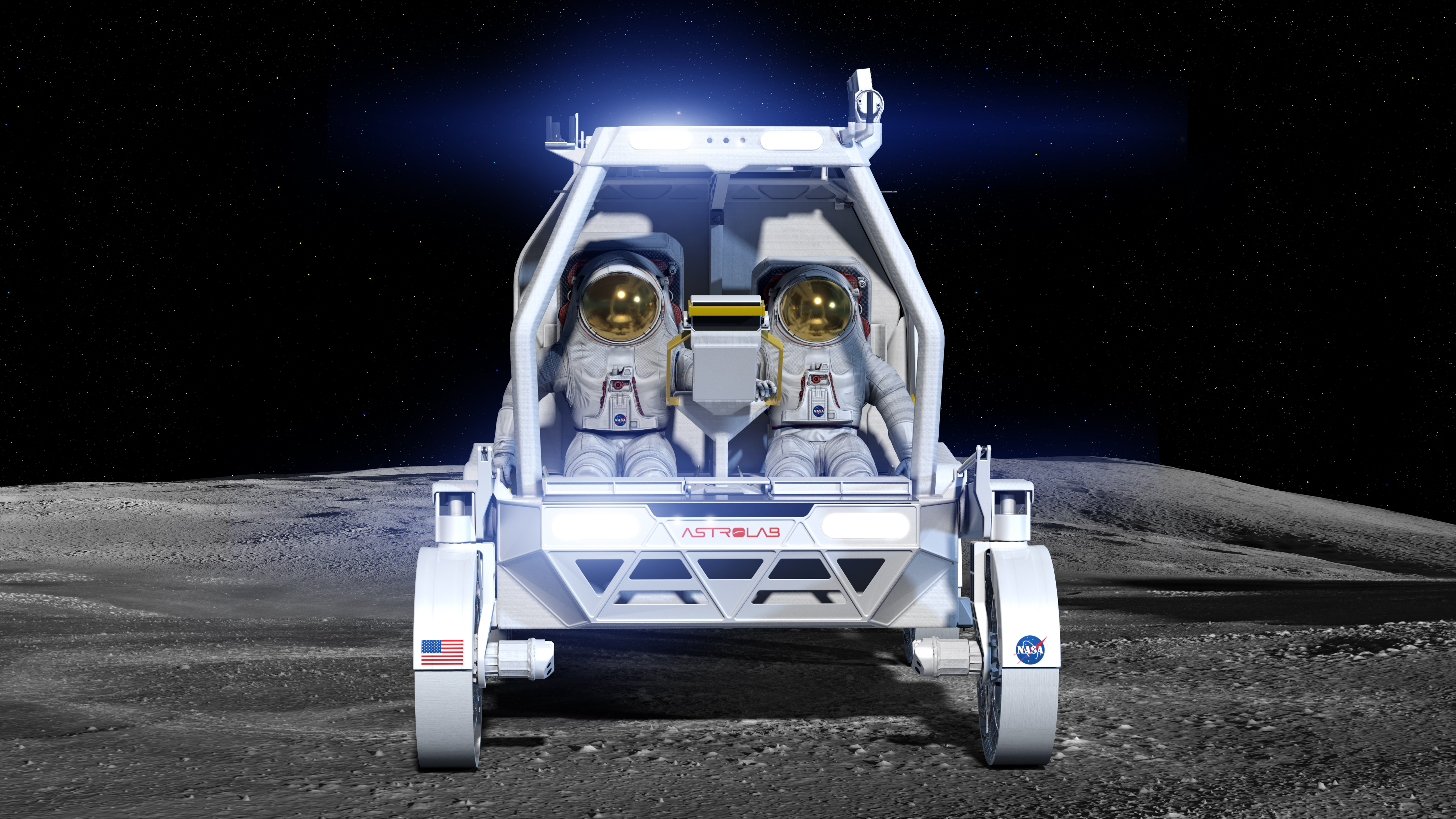 Artist’s rendering of Astrolab’s CLV-1 lunar rover driving across the Moon with two astronauts seated inside the open-frame vehicle. The rover is illuminated by bright onboard lights, with the rugged lunar terrain stretching into the distance.