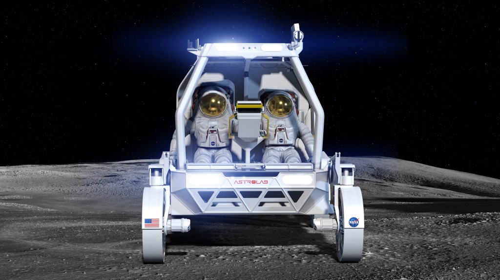 Artist’s rendering of Astrolab’s CLV-1 lunar rover driving across the Moon with two astronauts seated inside the open-frame vehicle. The rover is illuminated by bright onboard lights, with the rugged lunar terrain stretching into the distance.