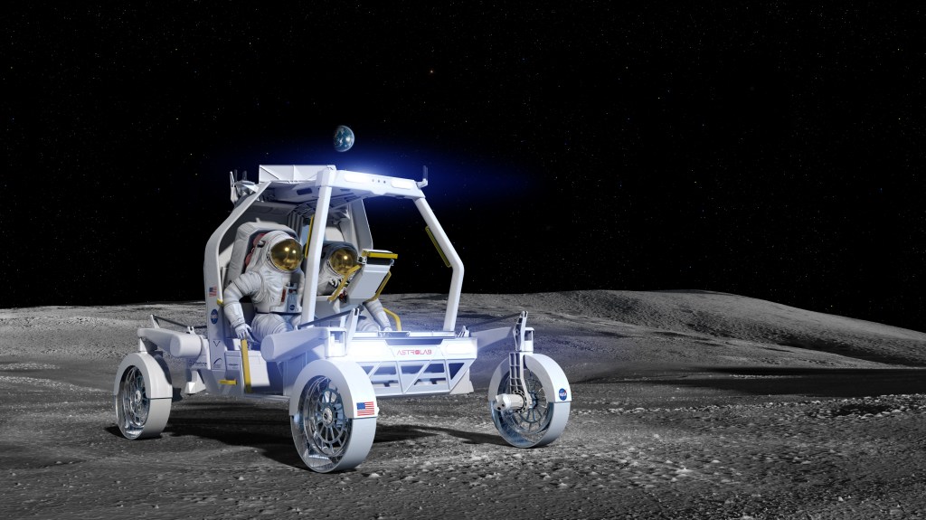 Artist’s rendering of Astrolab’s CLV-1 lunar rover driving across the Moon with two astronauts seated inside the open-frame vehicle. The rover is illuminated by bright onboard lights, with the rugged lunar terrain stretching into the distance.