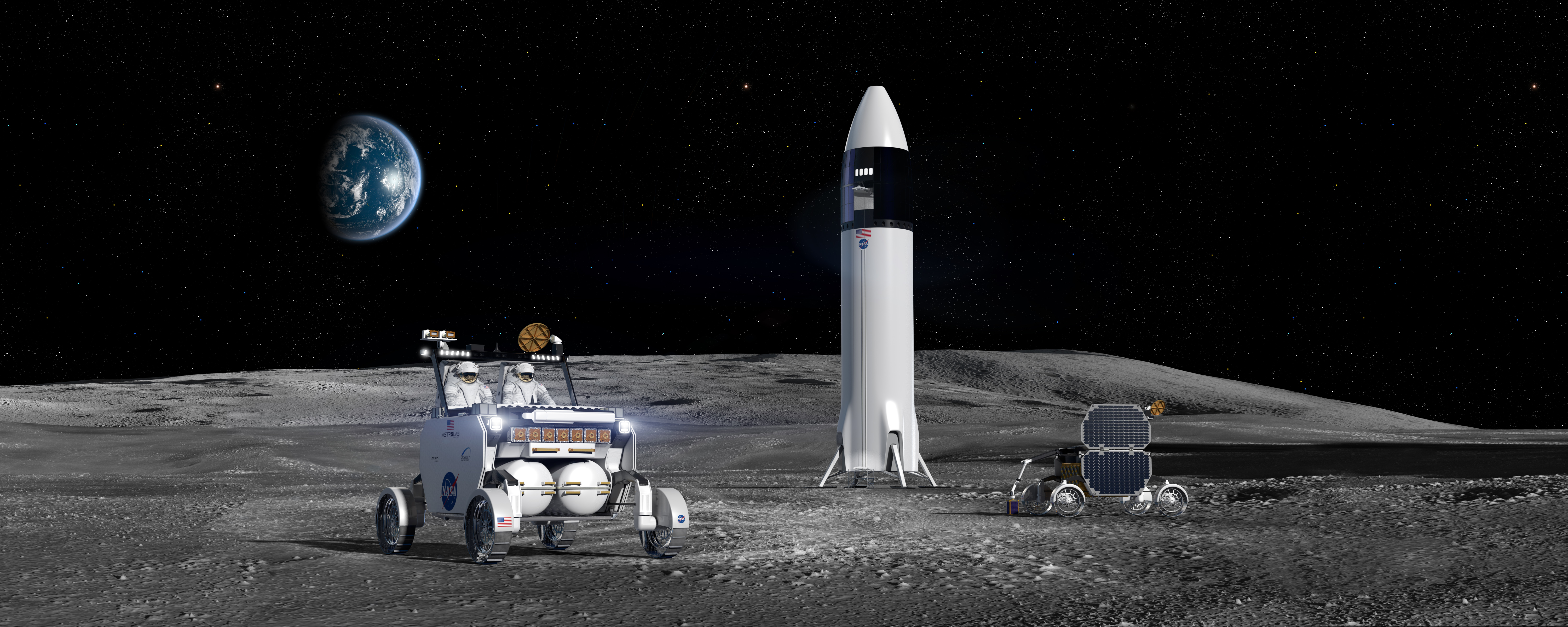 Artist concept of Venturi Astrolab's "FLEX" lunar terrain vehicle on the surface of the Moon next to SpaceX's Starship lunar lander.