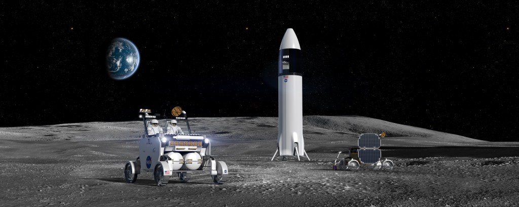 Artist concept of Venturi Astrolab's "FLEX" lunar terrain vehicle on the surface of the Moon next to SpaceX's Starship lunar lander.