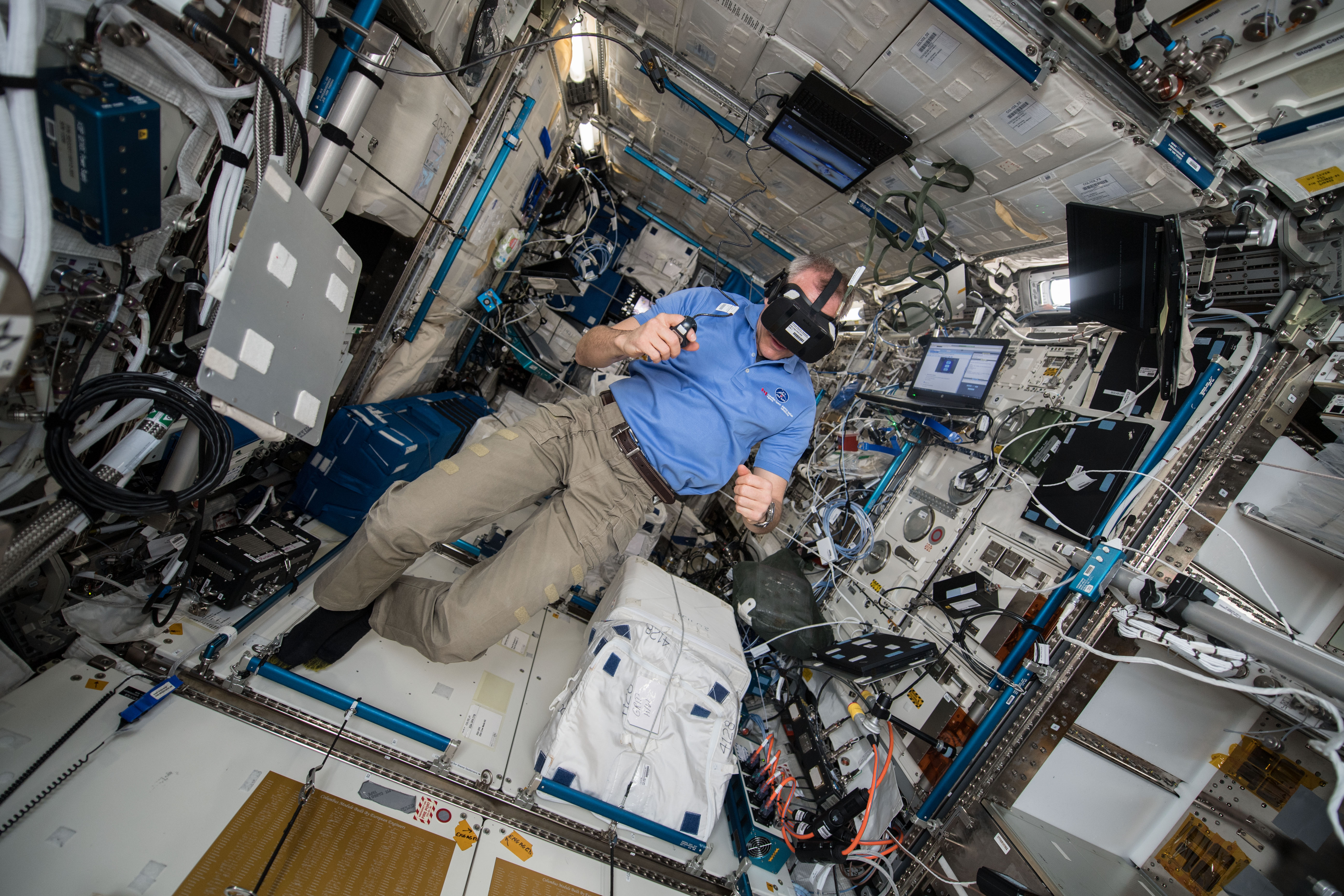 iss058e013795 (2/15/2019) --- Canadian Space Agency astronaut David Saint-Jacques is shown onboard the International Space Station performing the Time Perception in Microgravity investigation. The goal of the Time Perception in Microgravity experiment is to investigate the perception of time to crew members aboard the station. Crew members are asked to evaluate or reproduce the display duration of a blue square presented in the center of the head-mounted display. The results are compared with pre- and postflight baselines.