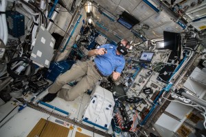iss058e013795 (2/15/2019) --- Canadian Space Agency astronaut David Saint-Jacques is shown onboard the International Space Station performing the Time Perception in Microgravity investigation. The goal of the Time Perception in Microgravity experiment is to investigate the perception of time to crew members aboard the station. Crew members are asked to evaluate or reproduce the display duration of a blue square presented in the center of the head-mounted display. The results are compared with pre- and postflight baselines.