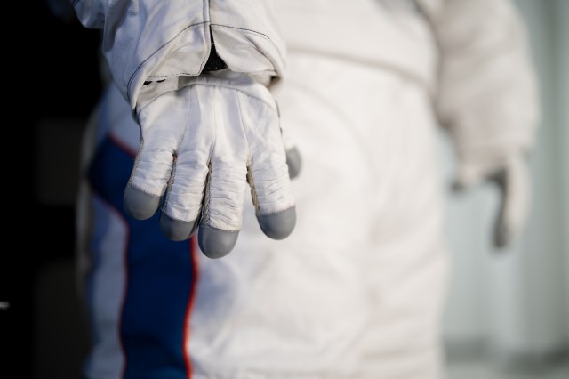 An up close image of a glove on Axiom Space's AxEMU (Axiom Extravehicular Mobility Unit) lunar spacesuit.