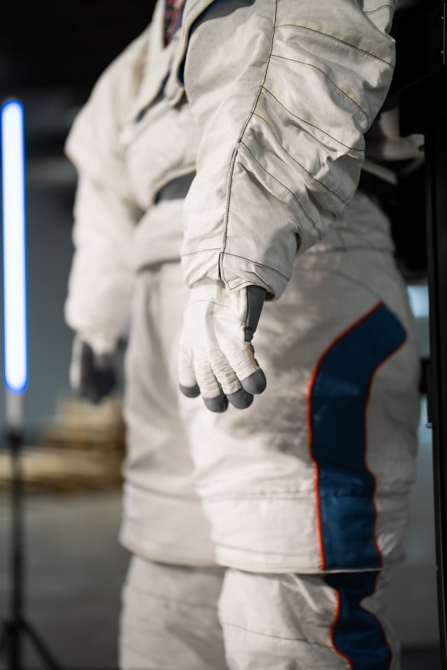 An up close image of a glove on Axiom Space's AxEMU (Axiom Extravehicular Mobility Unit) lunar spacesuit.