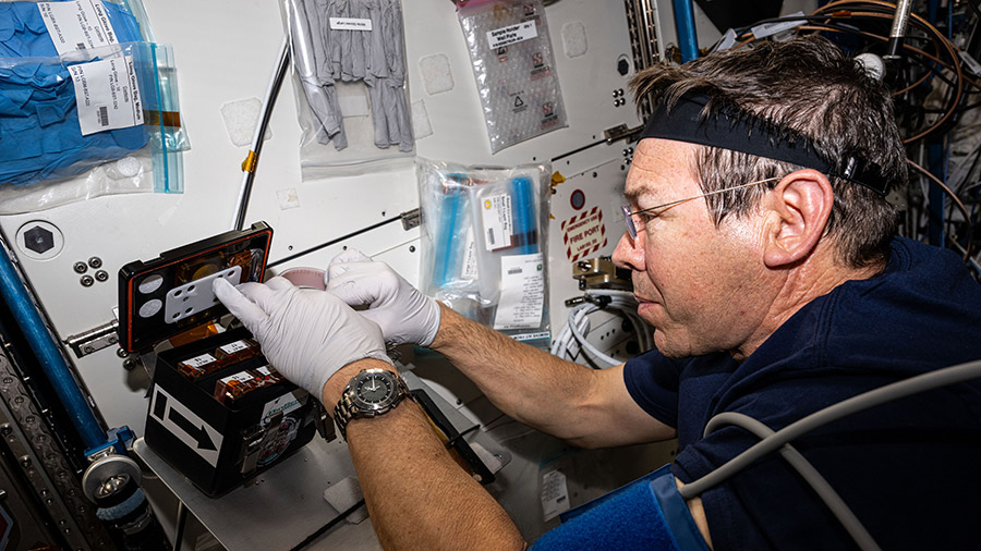 Astronaut Mike Barratt processes brain organoid samples inside the BioServe Tissue Chamber to learn how microgravity affects the central nervous system.