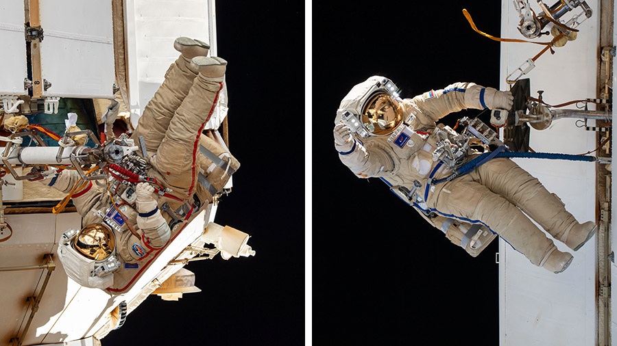 Cosmonauts Oleg Kononenko (left) and Nikolai Chub (right) are pictured during a spacewalk on Oct.25, 2023, to install and inspect hardware.