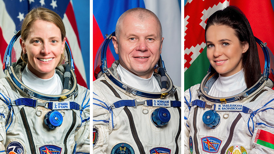 (From left) NASA astronaut Loral O'Hara, Roscosmos cosmonaut Oleg Novitskiy, and Belarus spaceflight participant Marina Vasilevskaya will ride the Soyuz MS-24 crew ship back to Earth.