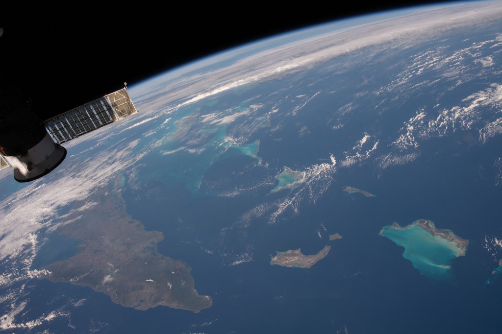 iss058e002206 (Jan. 5, 2018) --- Portions of Cuba, The Bahamas and the Turks and Caicos Islands are viewed from the International Space Station as the orbital complex flew 252 miles above the Atlantic Ocean. At left, is the aft end of the Progress 70 resupply ship from Russia attached to the Pirs docking compartment.
