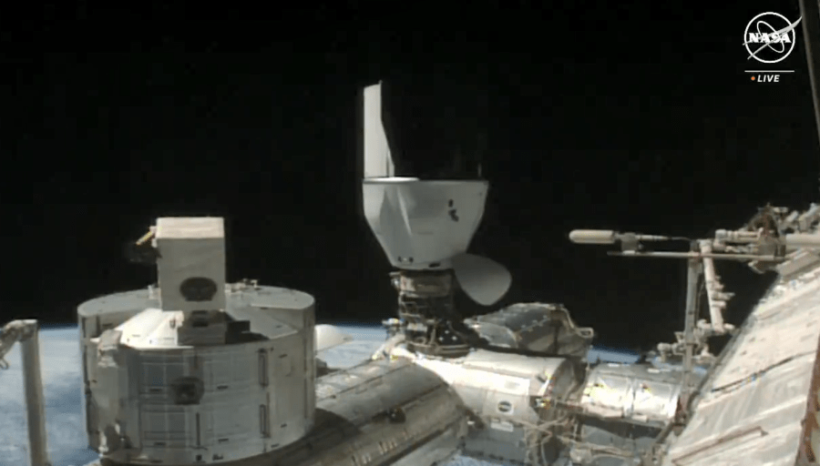 The SpaceX Dragon cargo spacecraft docked to the International Space Station's Harmony module at 7:19 a.m. EDT Saturday, March 23, 2024. Credit: NASA TV