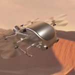 Artist’s concept of Dragonfly soaring over the dunes of Saturn’s moon Titan.