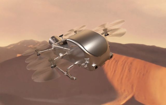 艺术家的概念蜻蜓在土星卫星泰坦的沙丘上翱翔。