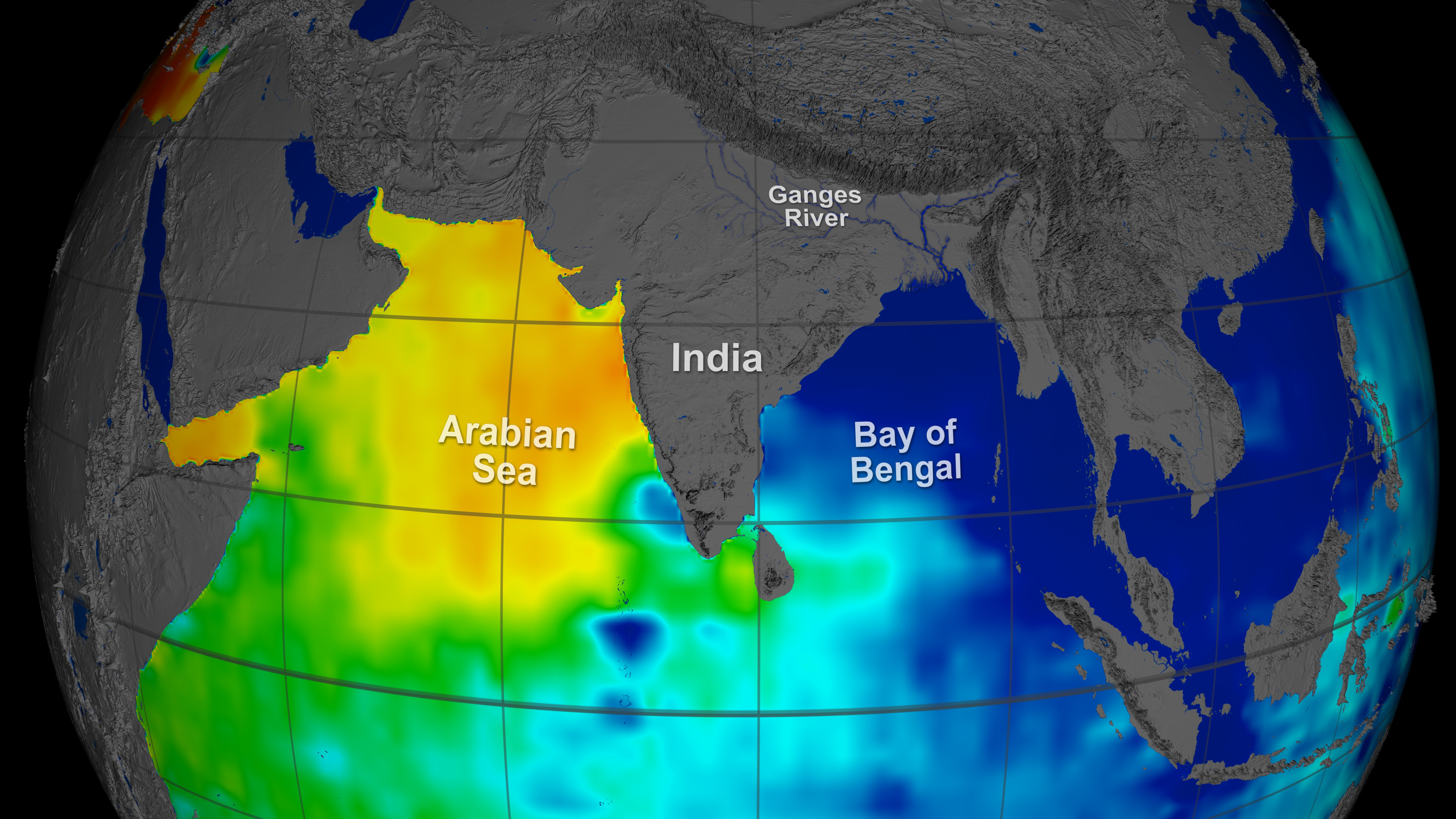 A map shows how monsoon rains and freshwater flowing into the Bay of Bengal keep it far less salty than the Arabian Sea to the west. (Areas of low and high salinity are shown in blue and yellow, respectively.)