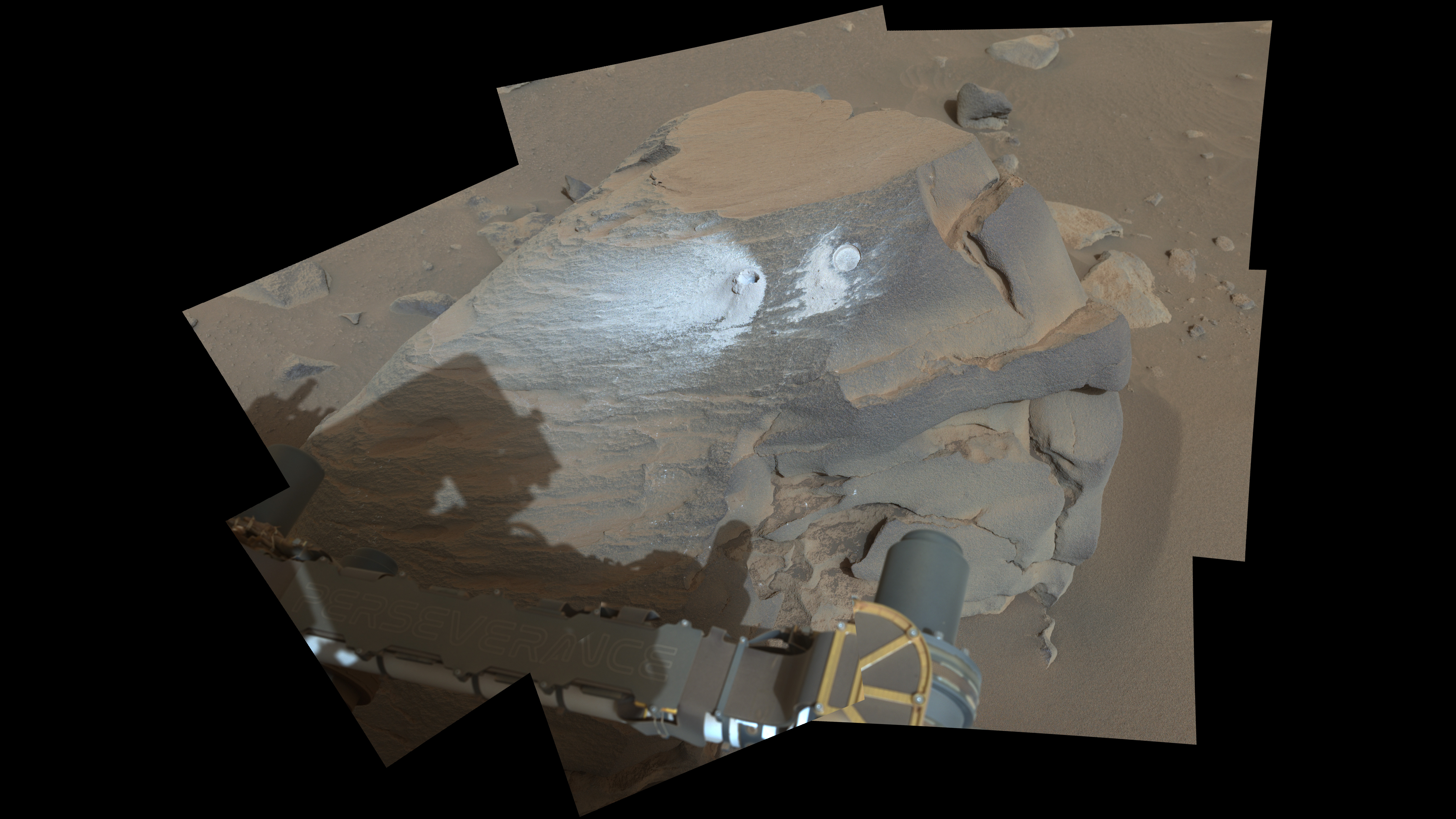 This view shows a rock nicknamed “Bunsen Peak” where NASA’s Perseverance Mars rover extracted its 21st rock core (left) and abraded a circular patch (right) to investigate the rock’s composition.