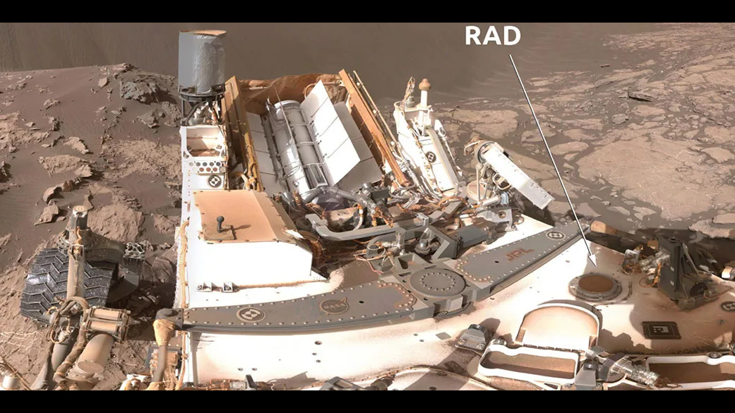 The Radiation Assessment Detector on NASA’s Curiosity is indicated in this annotated image from the rover’s Mastcam. RAD scientists are excited to use the instrument to study radiation on the Martian surface during solar maximum.
