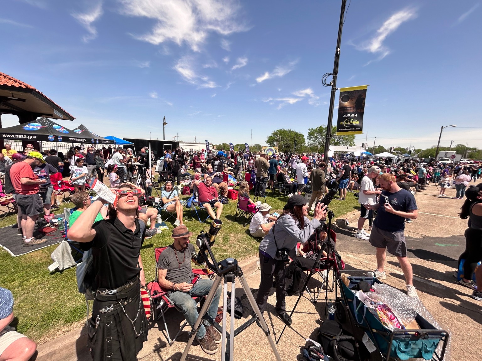 Visitors to Russellville, Arkansas, gather to view the total solar eclipse April 8. NASA heliophysics and communication experts traveled to Russellville to engage and educate tourists and residents about the eclipse. Russellville experienced a total eclipse for 4 minutes, 12 seconds.