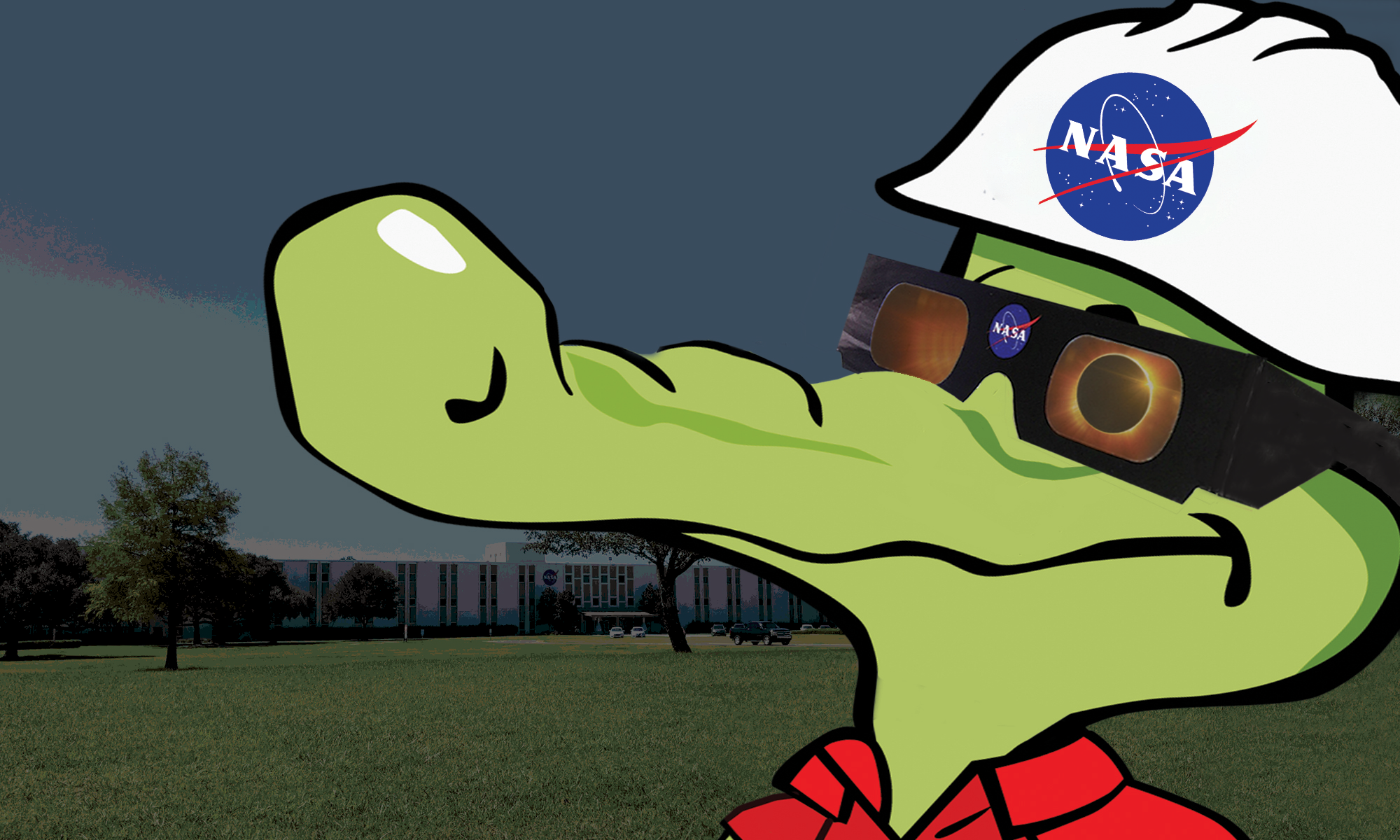 Gator experiencing a solar eclipse; the illustrated character is wearing a white hard hat and glasses