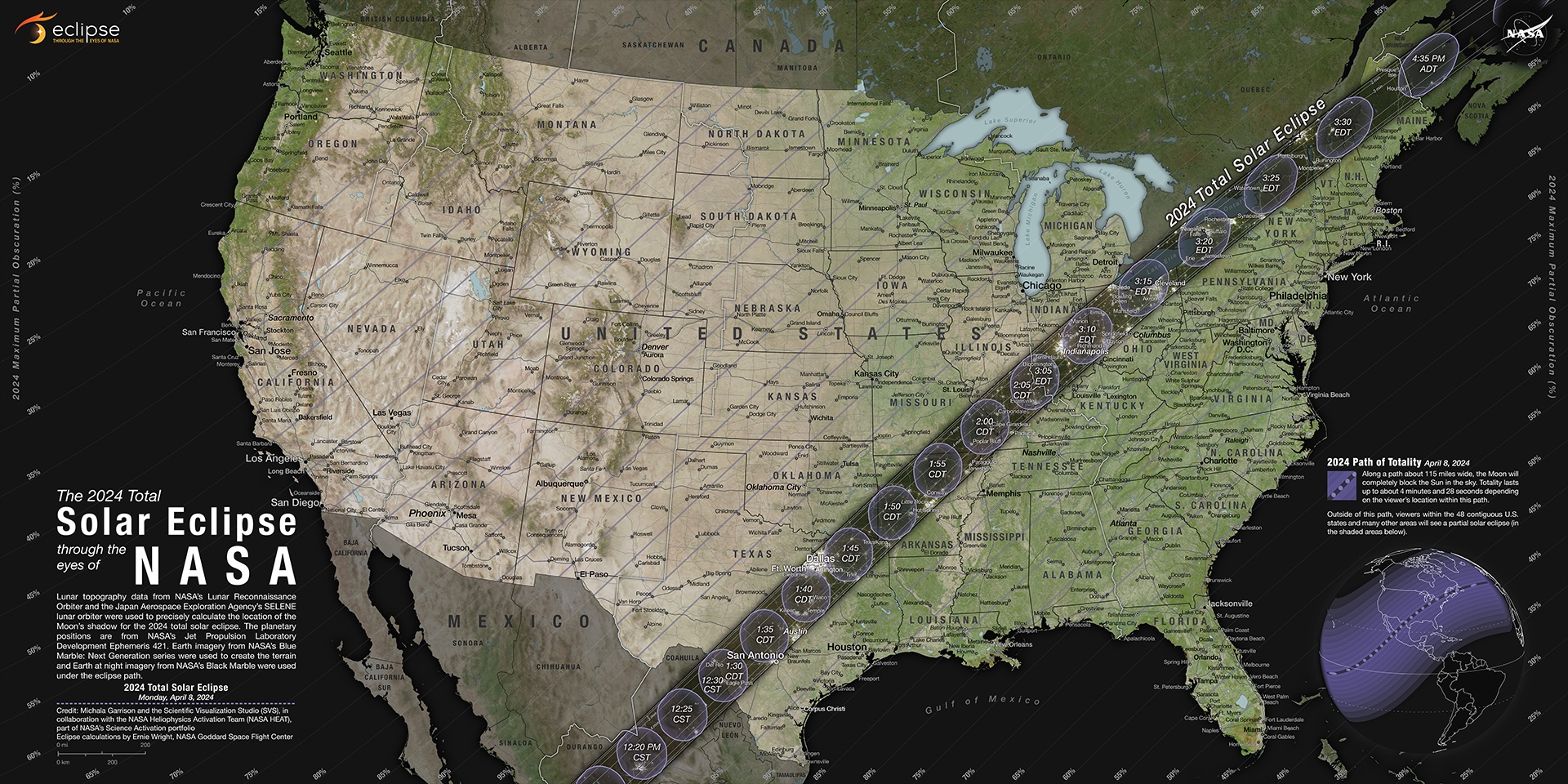 This is a map of the United States. A thick, shaded, grey line that represents the path of totality of the 2024 total eclipse cuts across the map. States in the path of totality include Texas, Oklahoma, Arkansas, Missouri, Illinois, Kentucky, Indiana, Ohio, Pennsylvania, New York, Vermont, New Hampshire, and Maine.